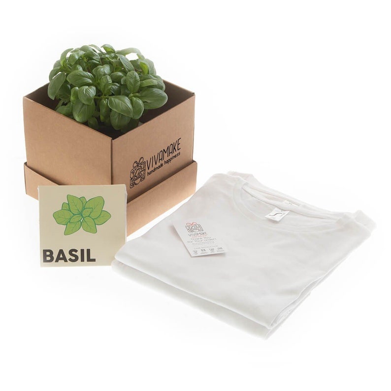 Shirts are packed in a premium class cardboard box which can be used as flowerpot and includes compressed earth and seeds inside - brown premium class cardboard box with basil seeds - premium cardboard suitable for a very nice gift