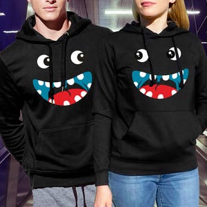 Matching couple hoodie - herringbone neck tape, brushed inside, side seams, elastic cuffs and waistband - Couple hoodies with print of fun smiles - his and hers hoodies - couple hoodies - matching couple - black couple hoodie