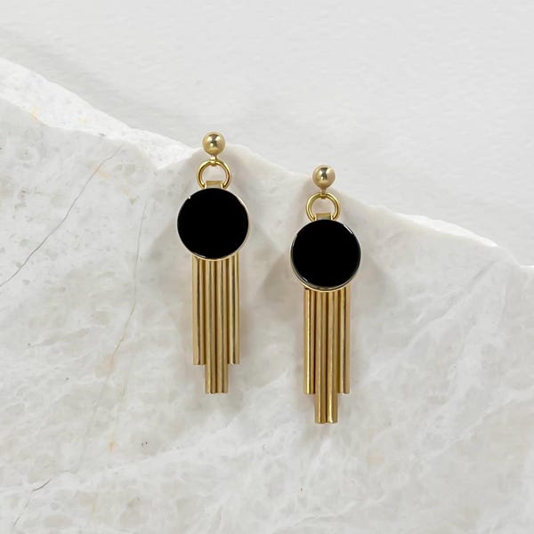 Gold Art Deco Earrings: Brass Onyx Dangle Earrings