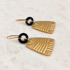 Gold Dangle Earrings: Geometric Brass, Black Onyx Stone