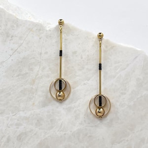 Brass Dangle Earrings: Geometric Black Bead Minimalist Design