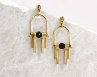Art Deco Black Agate Gold Dangle Earrings: Geometric Brass Fringe