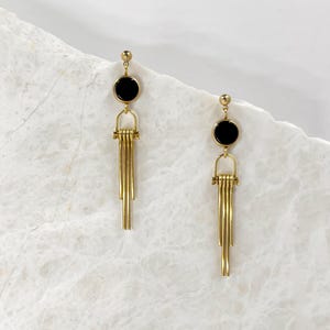 Gold Brass Art Deco Earrings: Onyx Stone Dangle Earrings