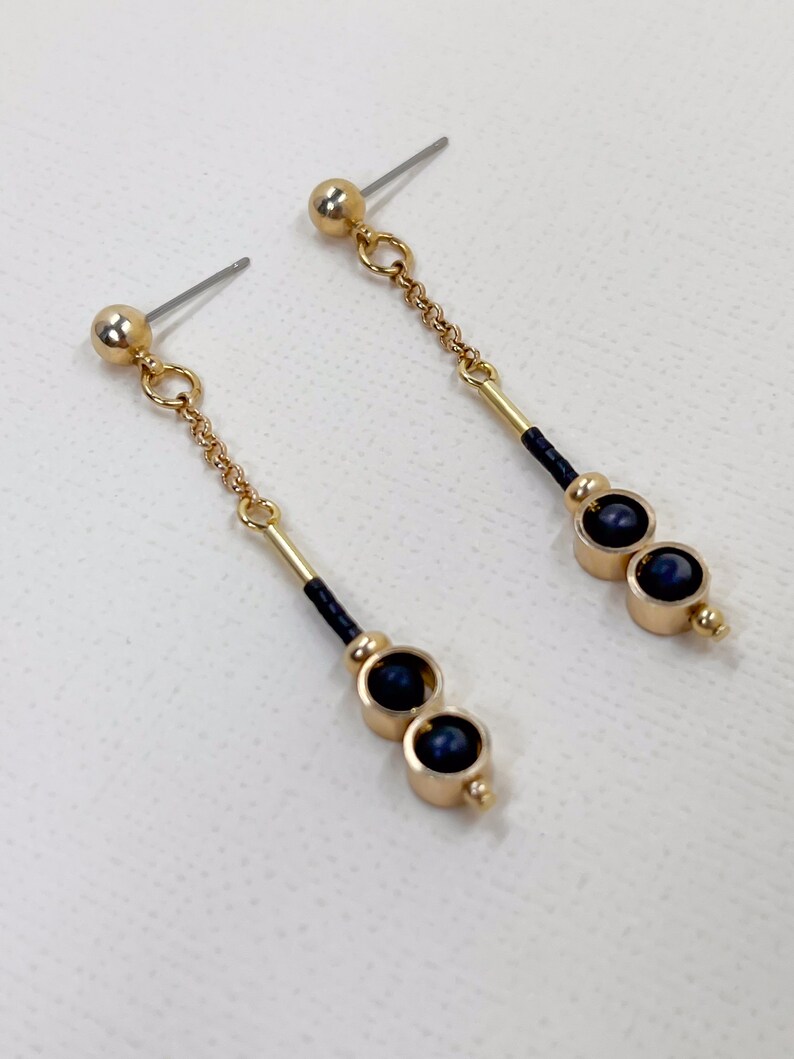 Elegant Geometric Black Stone Dangle Earrings with Gold Plating
