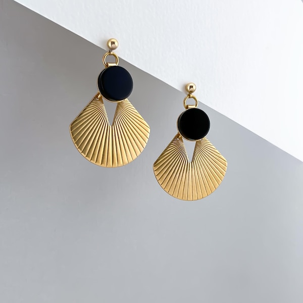 Gold Art Deco Earrings: Black Onyx Geometric Dangle Earrings