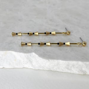 Minimalist Brass Dangle Earrings: Geometric Black Seed Bead Jewelry