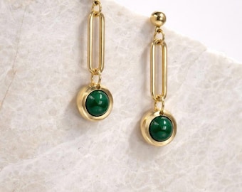 Green Jade Brass Dangle Earrings: Modern Geometric Drop Earrings
