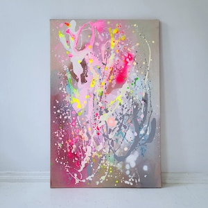 Pastel colors painting on canvas,  original handmade, unique,  neon fluo pink, yellow orange blue, happy art Majchrzak OOAK