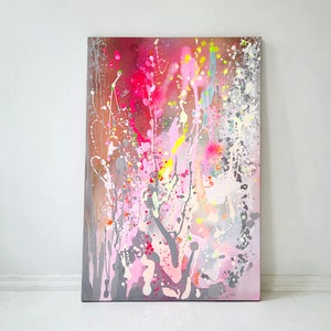 Pastel colors painting on canvas,  original handmade, unique,  neon fluo pink, yellow orange blue, happy art Majchrzak OOAK
