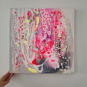 Pintura sobre tela, original feita à mão, neon fluo rosa amarelo, arte feliz Majchrzak OOAK