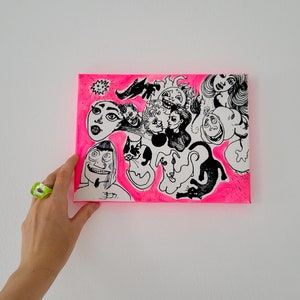 Fluo pink black&white abstract painting on canvas, comic style art, Kosakowski art