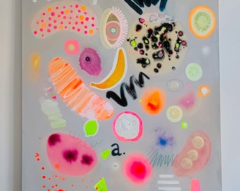 Abstraktes Gemälde groß 100x90 original, Neon Farben Malerei, neon pink, neon orange, neon gelb,