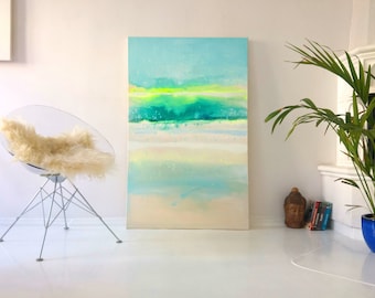 Original large turquoise blue beige abstract painting lagoon water seascape one of a kind modern contemporary art