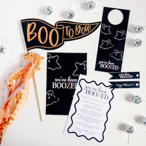 May include: A set of Halloween party decorations featuring a black and orange banner that says "Boo to You!" and a black and white door hanger with the text "You've been Boozed!"  The door hanger also has a ghost design.  There are also several small silver disco balls.