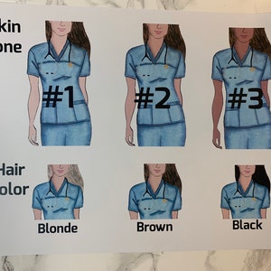 Pu&ograve; includere: Tre illustrazioni di infermiere con diversi toni della pelle e colori di capelli. Le infermiere indossano divise blu con uno stetoscopio intorno al collo. Il testo "Skin tone" &egrave; sopra la fila superiore di illustrazioni e il testo "Hair color" &egrave; sopra la fila inferiore di illustrazioni. I numeri 1, 2 e 3 sono accanto a ciascuna illustrazione. Il testo "Blonde", "Brown" e "Black" &egrave; sotto la fila inferiore di illustrazioni.