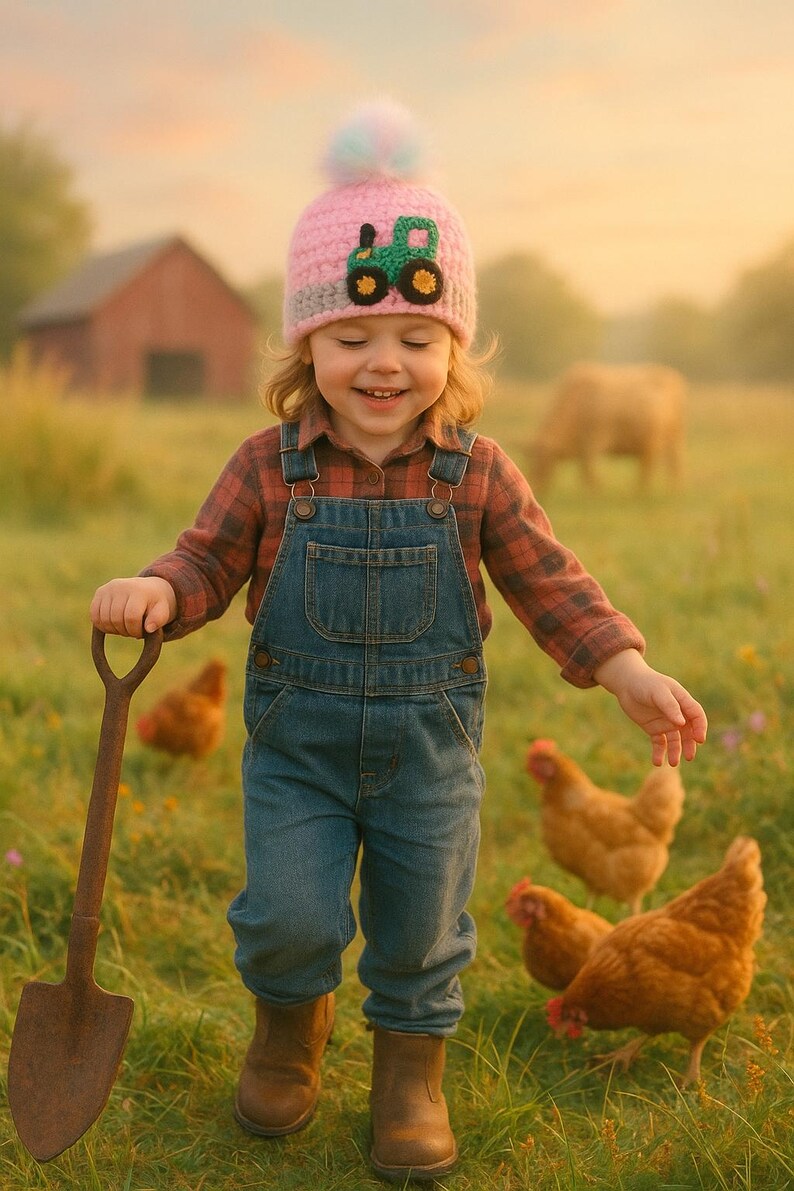 May include: A young child wearing a pink and gray knit hat with a green tractor design and a red plaid shirt walks through a field with a small shovel. The child is smiling and looking down at the ground. There are chickens in the background.