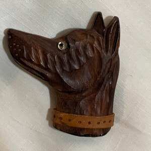 Vintage large wood and leather Dog head brooch or pin
