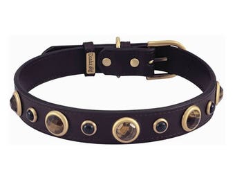 May include: A dark brown leather pet collar featuring alternating round brass-toned settings containing tiger eye stones and small black circular studs. The collar includes a brass-toned buckle and a rectangular tag labeled Dosha dog.