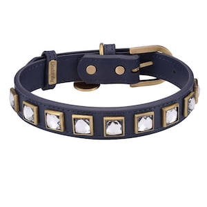 Blue leather dog collar with rhinestone, Fashion Rhinestone Dog Collar, boy blue bling dog collar, blue designer dog collar