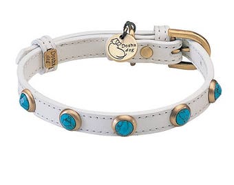 Luxury stone fashion collar, designer turquoise dog collar, white genuine leather dog collar, fancy small dog collar