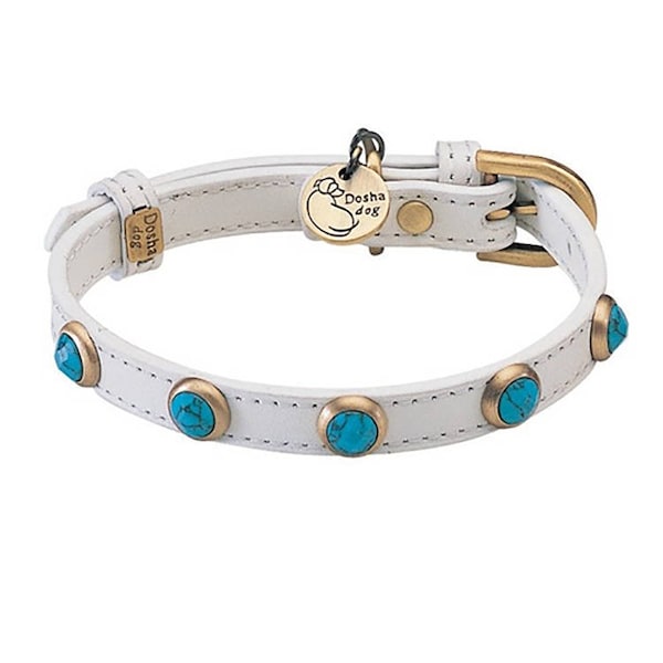 Collier de mode en pierre de luxe, collier pour chien turquoise de créateur, collier pour chien en cuir véritable blanc, collier pour petit chien fantaisie