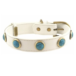 Weißes Leder Hundehalsband, Designer Leder Hundehalsband, Kieselstein Hundehalsband/Leine, weißes Leder Hundehalsband mit Türkis Schmuckstein Cabochons