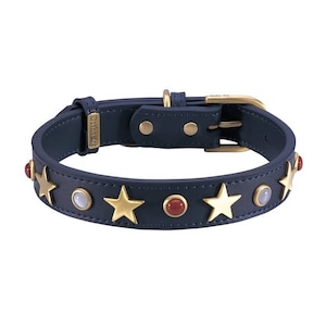 Blue leather dog collar with brass stars studs and gemstones, Patriotic Dog Collar, Fourth of July Dog Collar, Red White and Blue collar