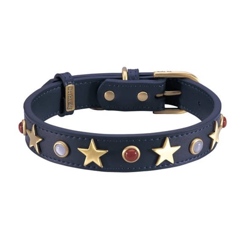 Blue Leather Dog Collar With Brass Stars Studs and Gemstones Etsy