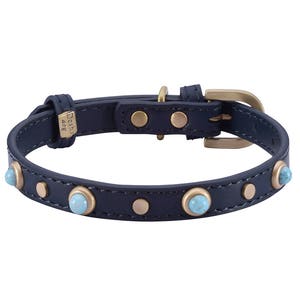 Luxury stone fashion collar, dark blue designer turquoise dog collar, navy genuine leather dog collar, fancy small dog collar