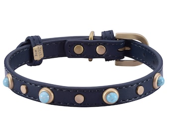 Collar de moda de piedra de lujo, collar de perro turquesa de diseñador azul oscuro, collar de perro de cuero genuino azul marino, collar de perro pequeño elegante