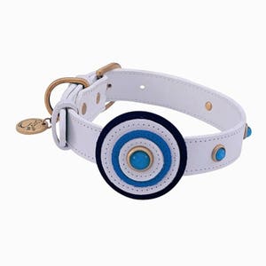 White Leather Dog Collar, Leather Studded Dog Collar, Summer Dog Collar, Nautical Dog Collar, Designer White and Blue Dog Collar