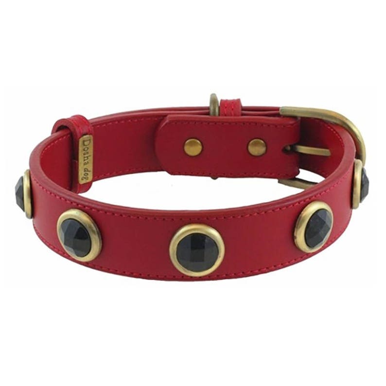 Red Leather Dog Collar With Gemstones Luxury Dog Collar With Etsy