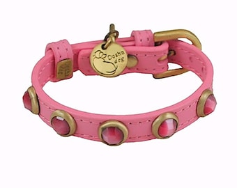 Designer Small Dog Collar, Pink Leather Dog Collar, Small Dog Collar, Petite Dog Collar, Pink Gemstone Dog Collar, Pink Small Dog Collar