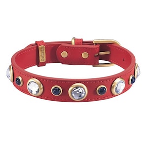 Luxury Red Dog Collar with Rhinestones and Jewels, Red Leather Rhinestone Dog Collar, Red White Blue, Christmas dog collar