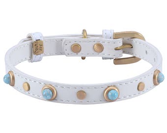 Turquoise halsband, witte leren halsband, turquoise designer halsband, kleine witte halsband, minihalsband