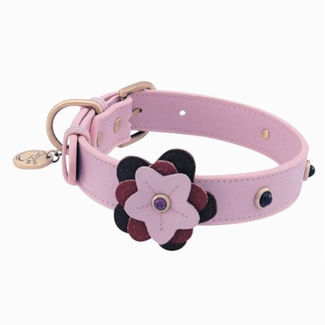 Pink Flower Dog Collar, Flower Dog Collar, Pink Leather Dog Collar