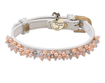 Halsband met kralen, halsband met parels, halsband met witte kralen, witte leren halsband, kleine halsband, kleine halsband, bling halsband
