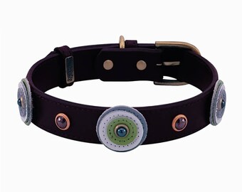 Brown Leather Dog Collar with Stones, Fun Brown Leather Collar, Brown Leather Collar with Circles, Designer Dog Collar, Colorful Dog Collar