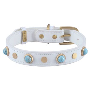 White Leather Dog Collar with Turquoise, Jeweled Leather Dog Collar, White Designer Dog Collar, Gemstone Dog Collar, Czech Glass Collar