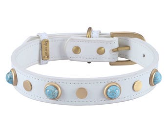 White Leather Dog Collar with Turquoise, Jeweled Leather Dog Collar, White Designer Dog Collar, Gemstone Dog Collar, Czech Glass Collar