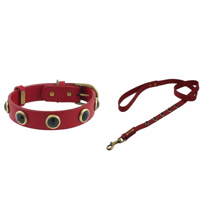 Red Leather Dog Collar With Gemstones Luxury Dog Collar With Etsy