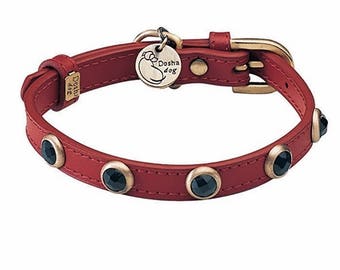 Red leather collar, Gemstone Dog Collar, Onyx Dog Collar, Small Dog Collar, designer red leather dog collar, Christmas dog collar