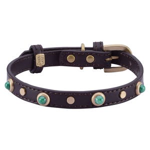 Designer Brown Dog Collar, Malachite Jeweled Dog Collar, Masculine Dog Collar, Embellished Leather Collar, Mini Dog Collar, Small dog collar