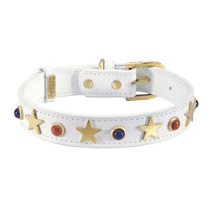 Patriotic White Leather Dog Collar with Brass Star Studs and Gemstones, Fourth of July Dog Collar, Red White and Blue. Festive Dog Collar