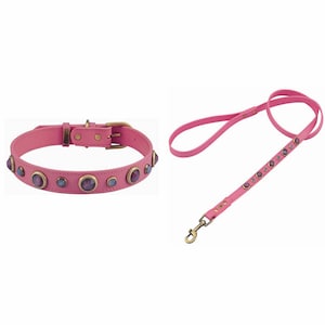 Op de afbeelding: Roze leren hondenhalsband en riemset met juweelaccenten. De halsband heeft een messing gesp en de riem heeft een messing haak.