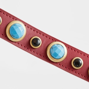 Western Dog Collar with Turquoise Gems, Red Designer Leather Dog Collar, Gemstone Dog Collar, luxury leather collar