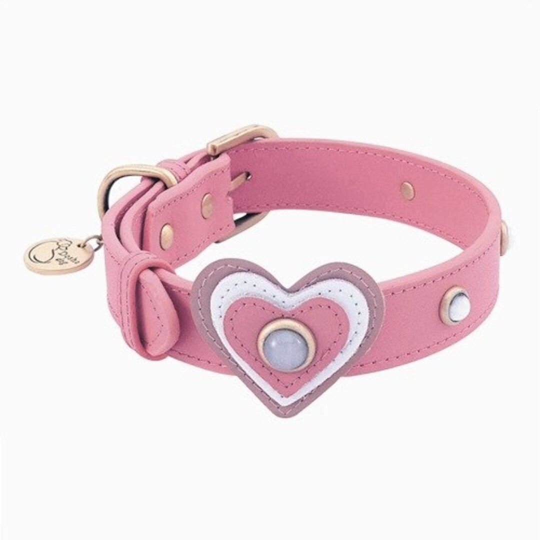 Pink Leather Dog Collar With Heart, Heart Pink Dog Collar, Heart Dog