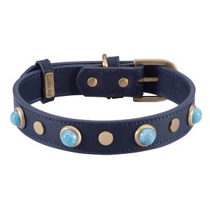 Blue Leather Turquoise Dog Collar, Vintage Turquoise Glass Dog Collar, Turquoise Jeweled Dog Collar