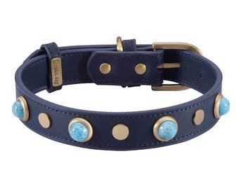 SALE: Blue Leather Dog Collar, Vintage Turquoise glass cabochons, Bohemian style, Size Medium (neck size 12-14 inch)