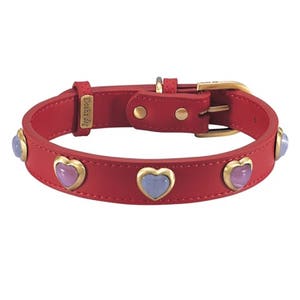 Red Leather Heart Dog Collar, Valentine's Dog Collar, Designer heart dog collar, Heart Gems Dog Collar, Heart Dog Collar, Red Collar